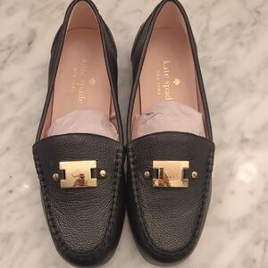 kate spade Black Leather Loafers with Gold Accent Plaque
